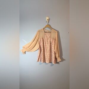 Entro pink peasant blouse balloon sleeves chiffon ikat print purple XL